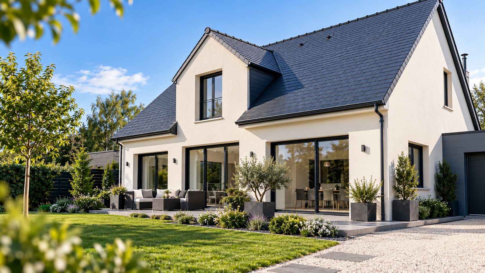 Maison à façade claire et toiture en ardoise, extérieurs entretenus