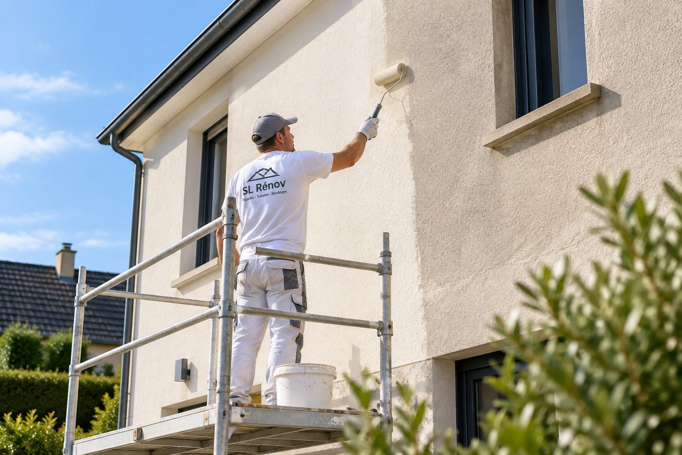 Mise en peinture d'une façade depuis un échafaudage
